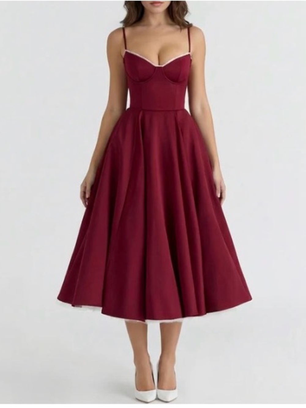 Fitted Burgundy Midi Dress with Sweetheart Bodice